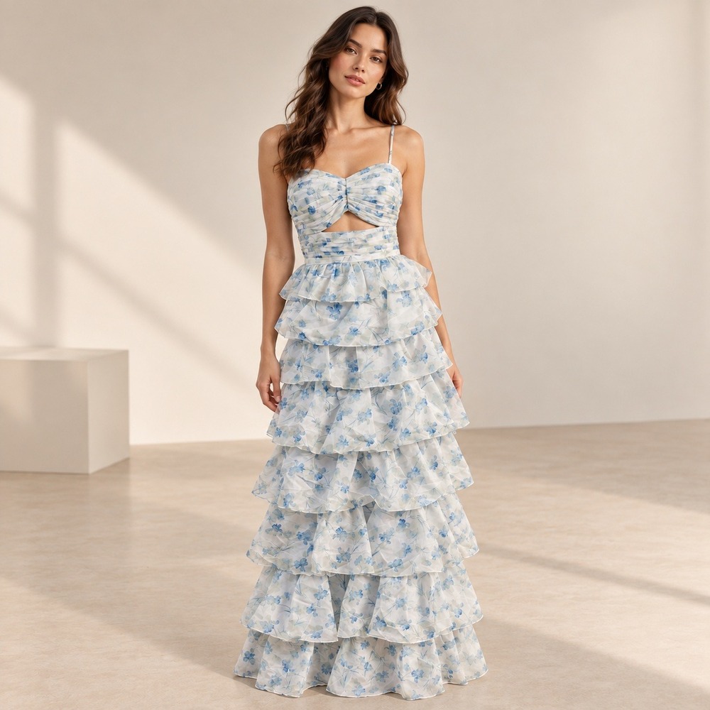 Floral Tiered Maxi Dress Women 8 Blue Cutout Ruffle Formal Ethereal Fairy Hoco